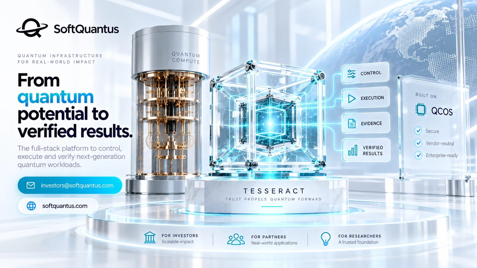 A glowing four-dimensional tesseract above a quantum processor, representing Tesseract, the problem-native translation layer of QCOS